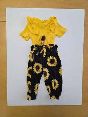 Kids Sunflower Print Black Paperbag Pants - Yellow